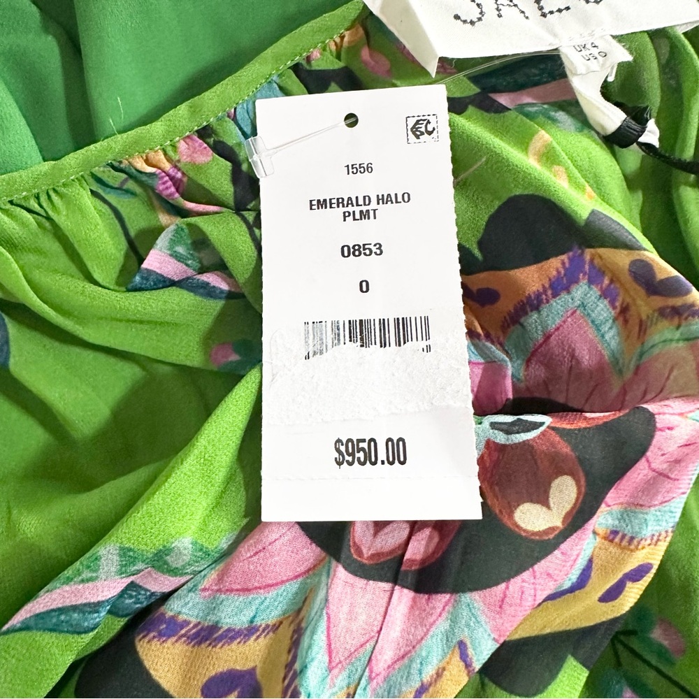 Saloni Edie Emerald Green Halo Print Tassel Tie Shoulder Silk Maxi Dress 0 NWT - Picture 11 of 13